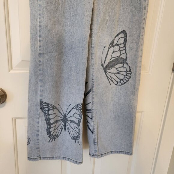 Shein Butterfly Print Light Wash Wide-Leg Jeans Boho Fairy Cottagecore Cute - Picture 7 of 11
